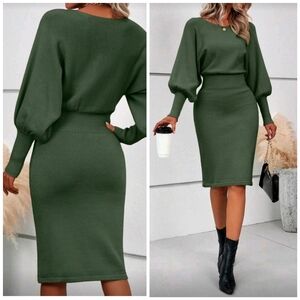 New Chic High Waist Lantern Sleeve Knit Sweater Dress Olive Green